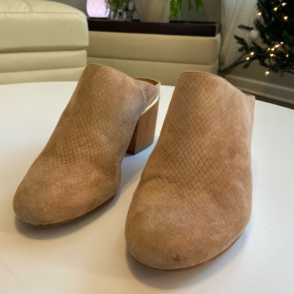 Calvin Klein Judia Suede Leather Mules Wood Block Chunk Heel Slip on Clogs Boots - Picture 3 of 16